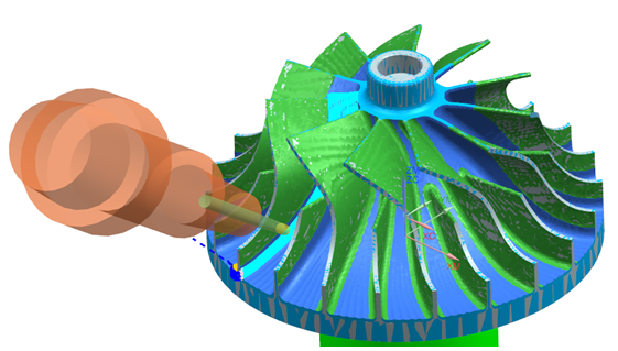 Obrazek przedstawia symulację obróbki wirnika promieniowego.